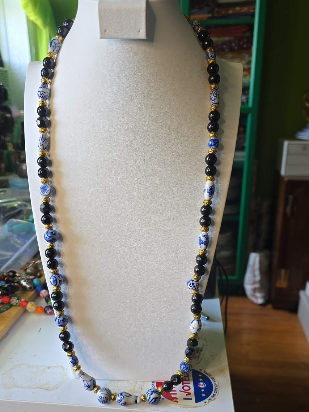 Handcrafted Blue & Black Porcelain Bead Necklace - Elegant Women's Jewelry